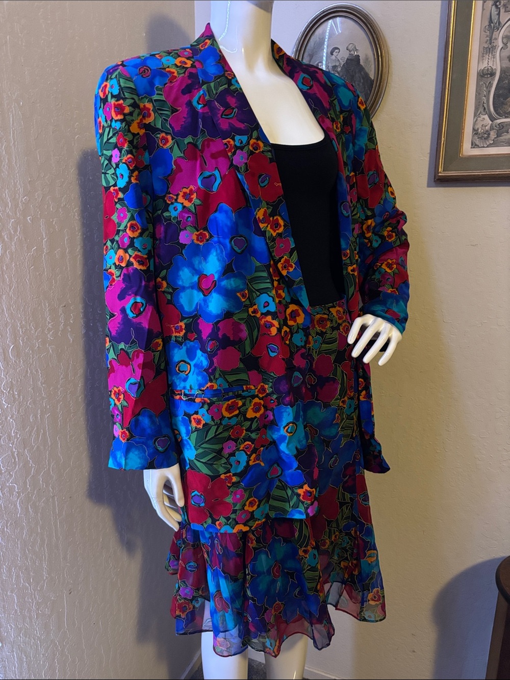 Vibrant Floral Two-Piece Skirt Set in Blue, Purple, Pink